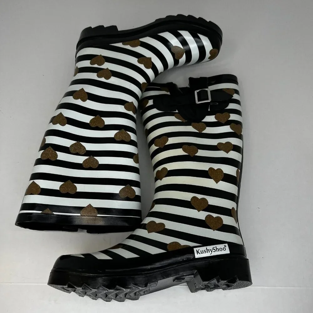 Kushyshoo Womens Black Striped Heart Rubber Mid Calf Size 7 Rain Boots